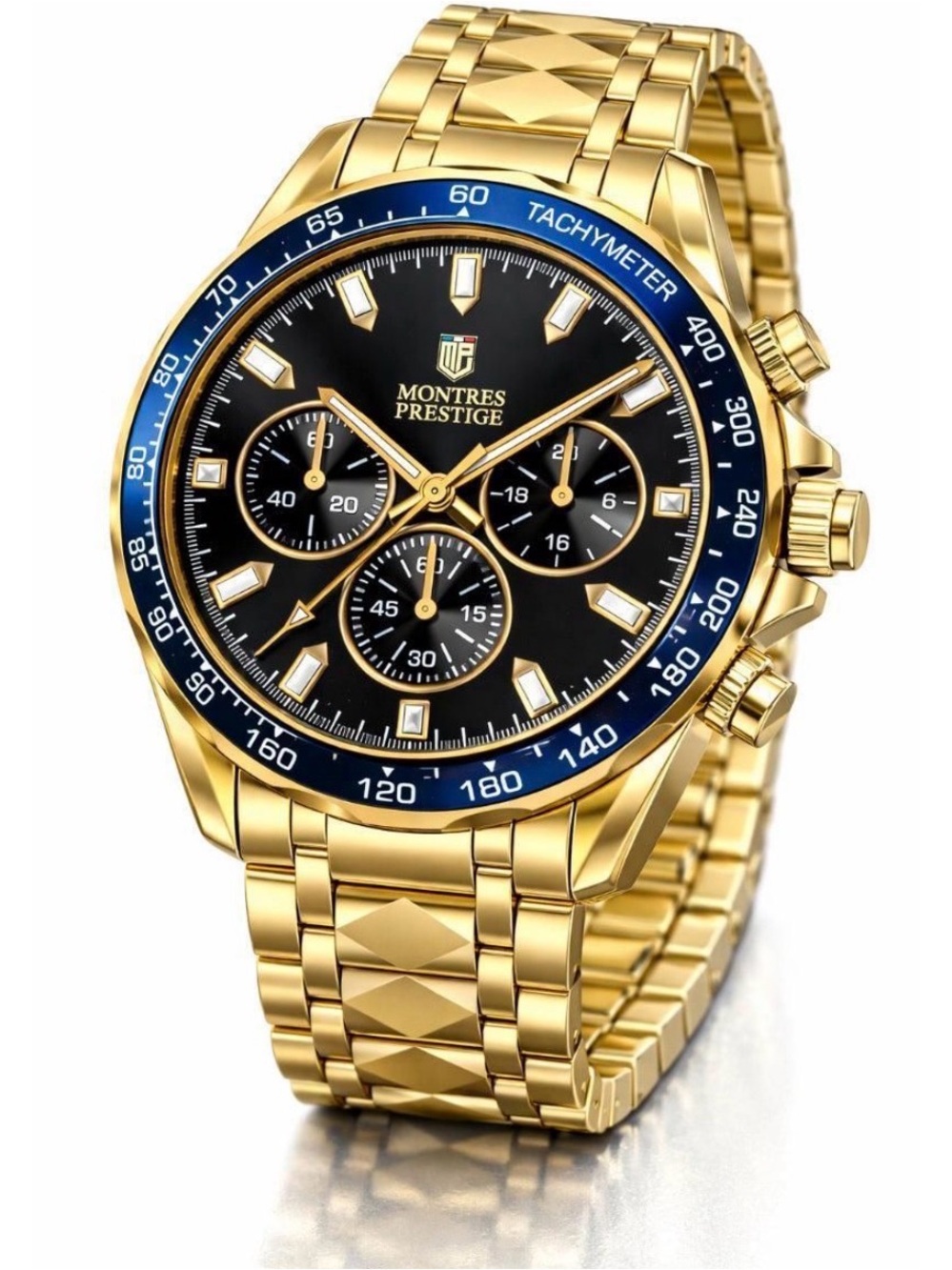 Montres Prestige Gold-Tone Chronograph Watch with Black Dial